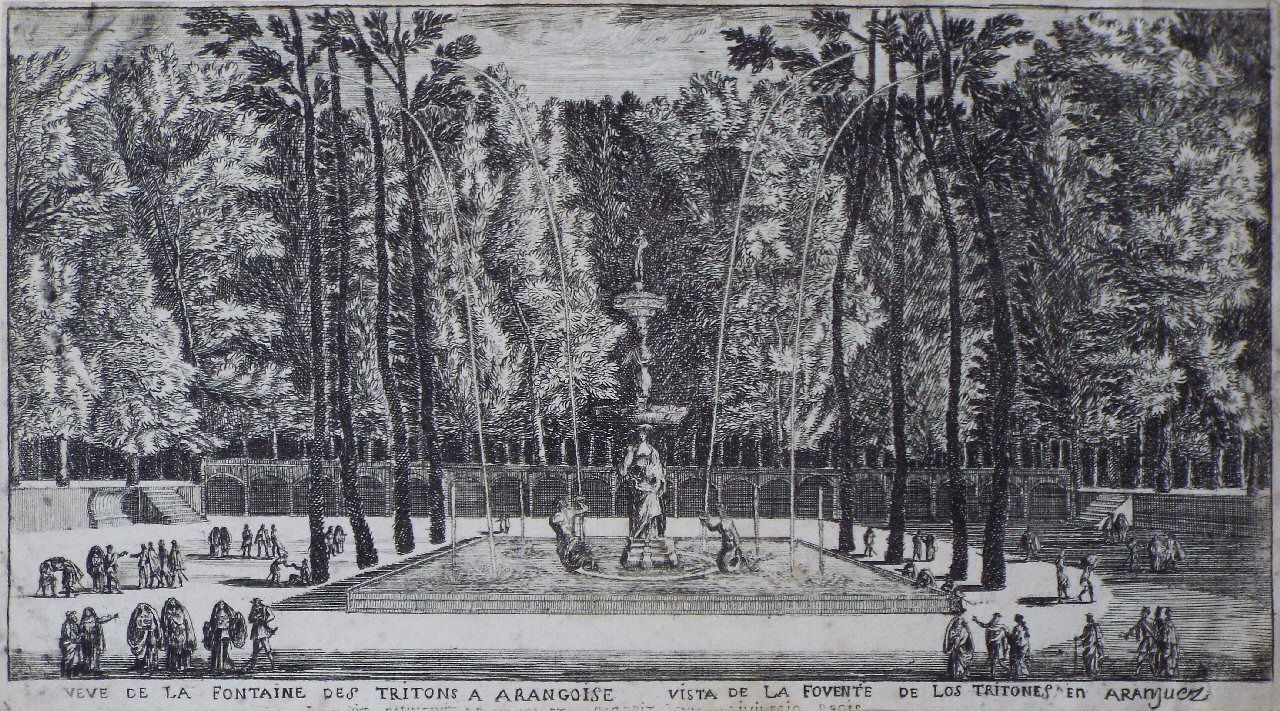 Etching - Veve de la Fontaine des Tritons a Arangoise. Vista de la Fovente de los Tritones en Aranjuez. - Meunier